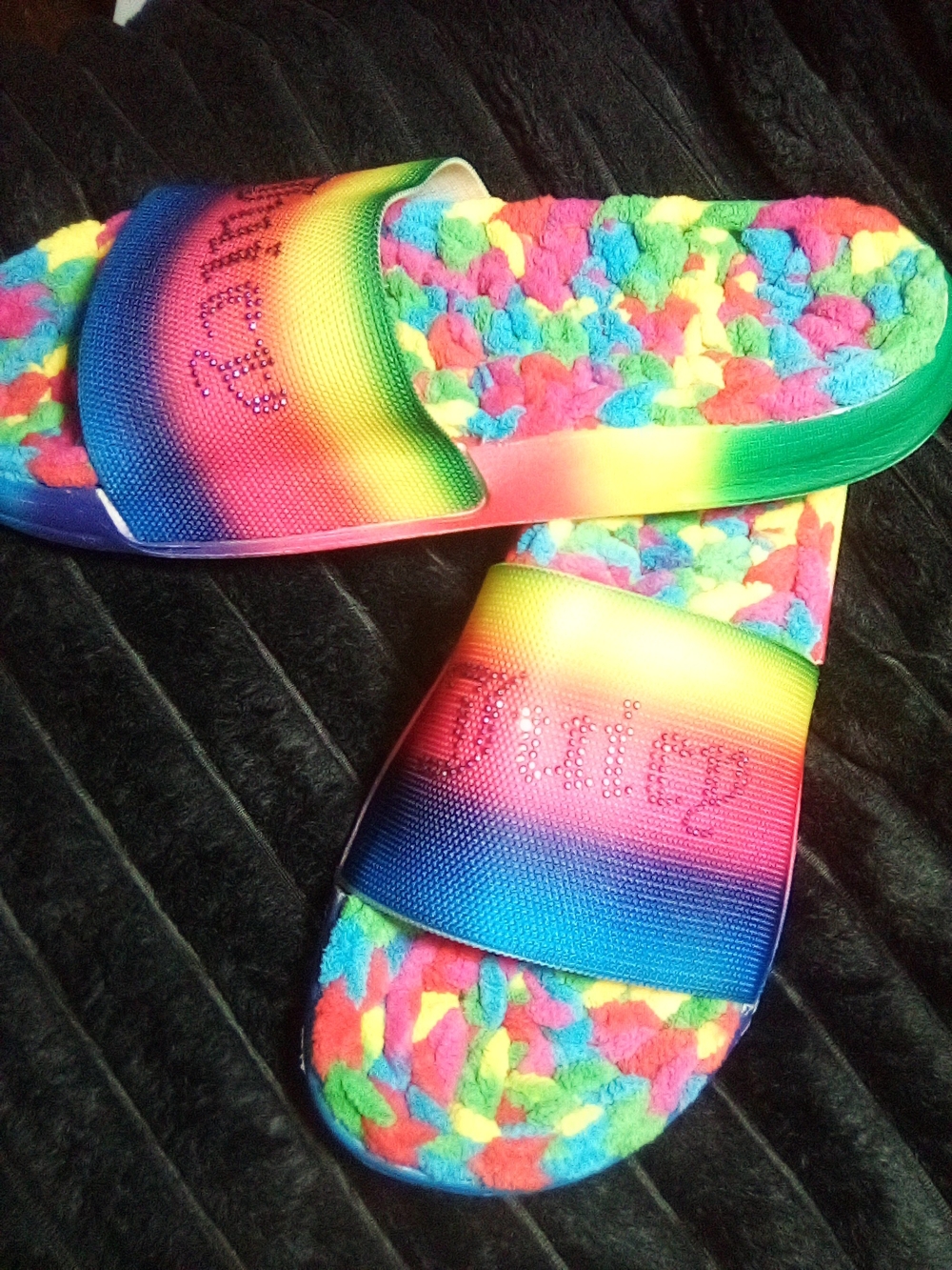 Rainbow Fuzzy Slide Sandals with Rhinestone Detail